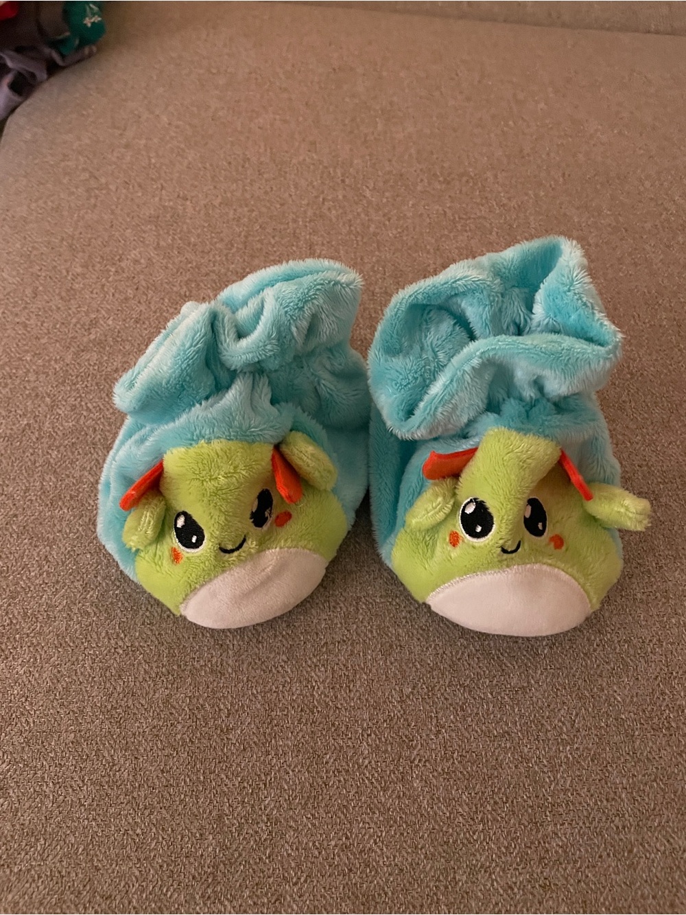 Plush Blue & Green Baby Slippers with Smiley Creature